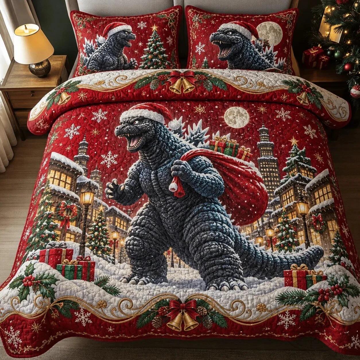 Houston Rockets NBA Basketball Team Personalized Air Low Top Shoes 4 Godzilla Christmas Holiday Quilted Bedding Set with Santa Hat and Gifts