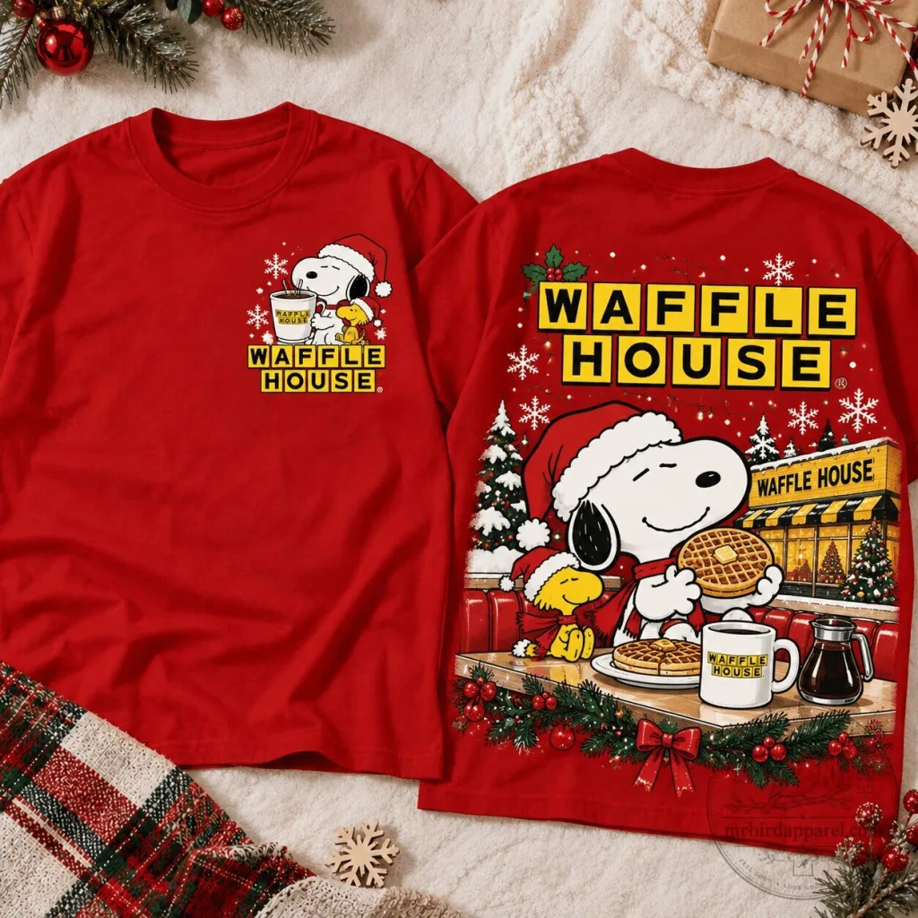 Snoopy Waffle House Christmas Holiday Winter Scene Red T-Shirt Snoopy Waffle House Christmas Holiday Winter Scene Red T-Shirt