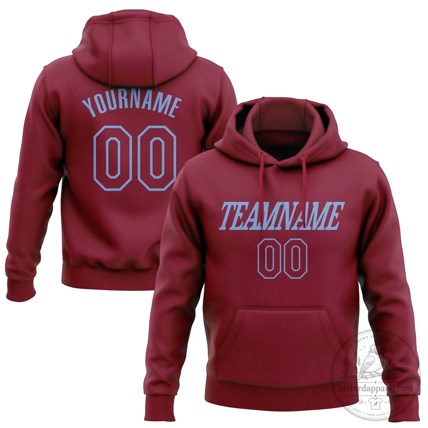 Customizable Maroon and Light Blue Team Name and Number Pullover Hoodie