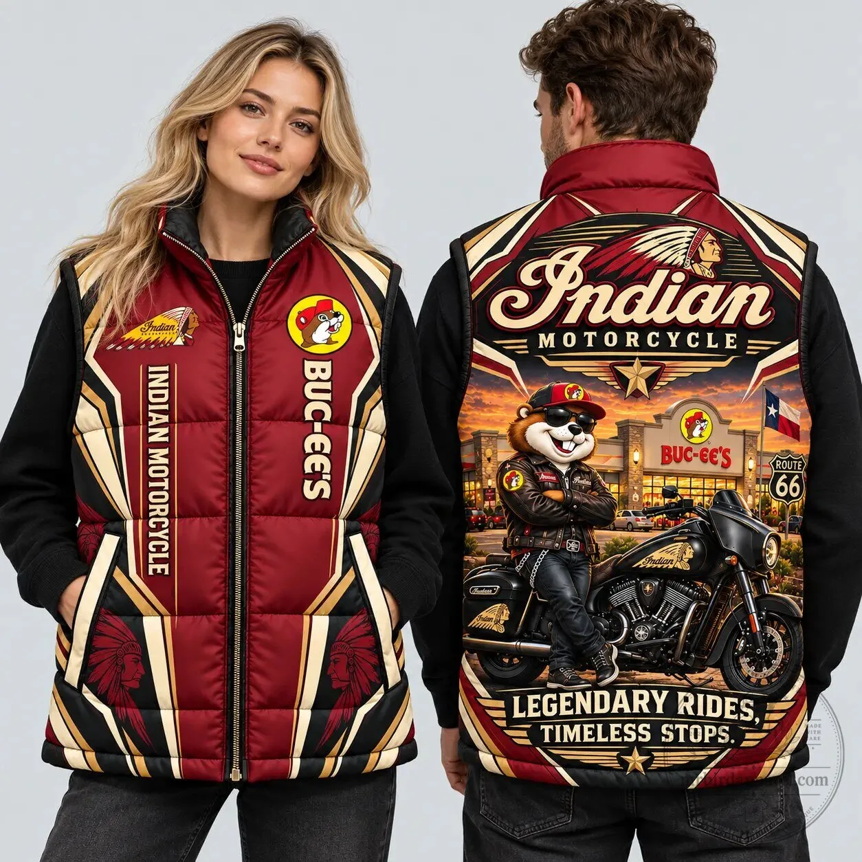 Buc-ee's Indian Motorcycle Legendary Rides Timeless Stops Puffer Vest Jacket 5 Buc-ee