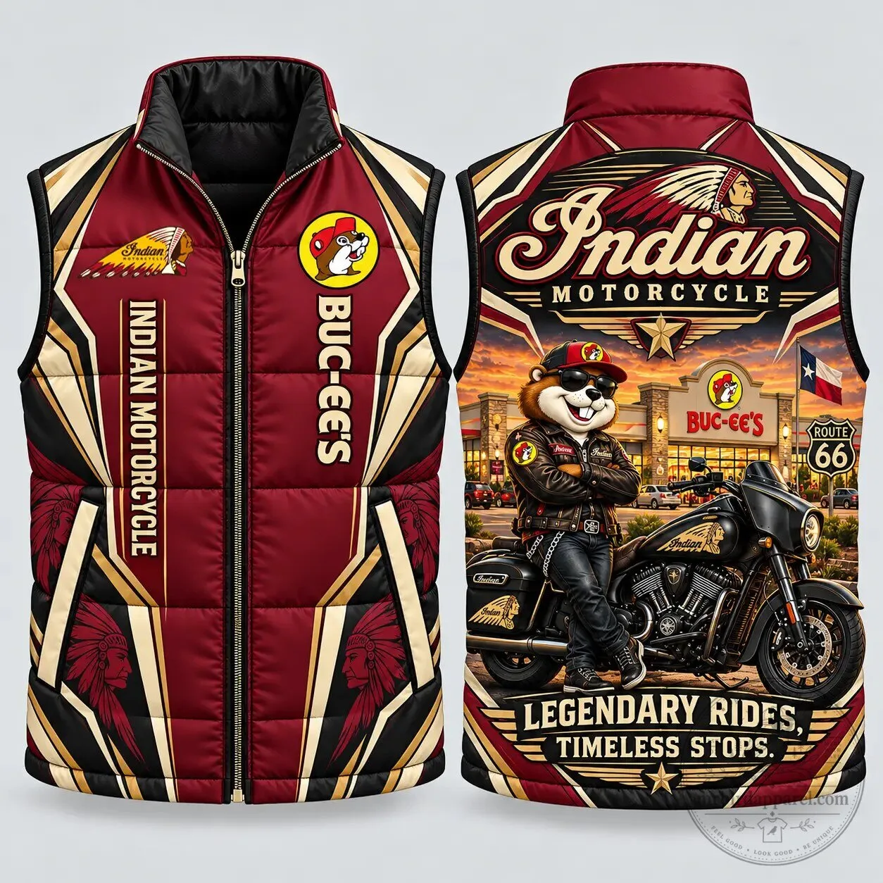Buc-ee's Indian Motorcycle Legendary Rides Timeless Stops Puffer Vest Jacket 6 Buc-ee